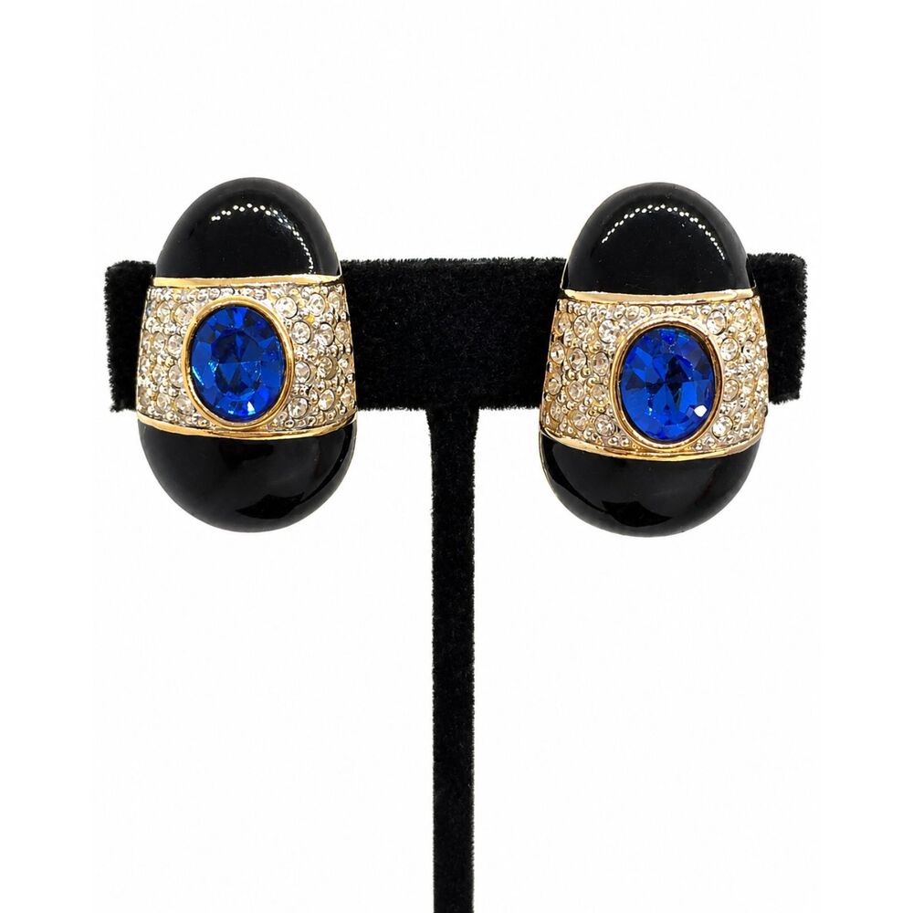 VINTAGE RUNWAY EARRINGS Cobalt Blue Rhinestone Black Enamel Clip On Gold Tone